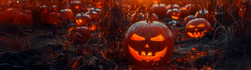 Shining carved Halloween pumpkins lying on the harvested field in autumn at night. Concept of Halloween celebration, Trick or Treat and season.