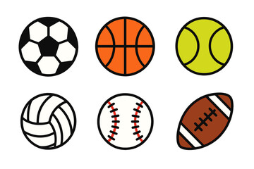 Six classic sports balls icons: soccer, basketball, tennis, volleyball, baseball, and football