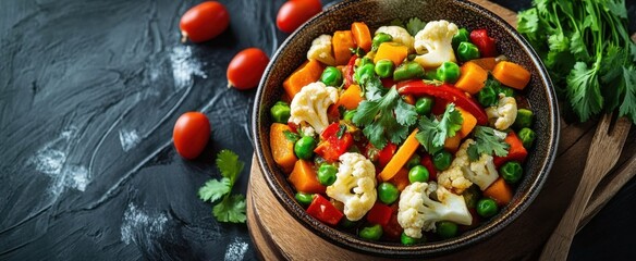 Fresh mixed vegetable curry with vibrant peas- carrots- cauliflower- and paneer- garnished with cilantro in a ceramic bowl.