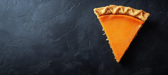 A single slice of pumpkin pie with a golden crust- placed on a dark slate background- perfect for autumn and holiday themes.