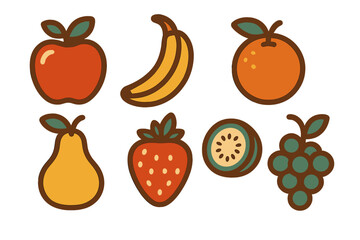 Stylized fresh fruit icons featuring a vibrant retro color palette
