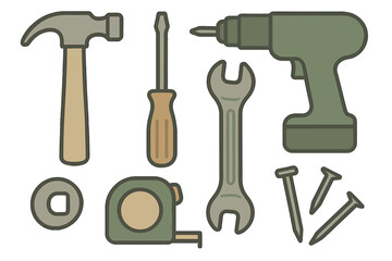 Variety of essential hand tools and common hardware components for building projects