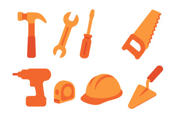 Orange construction and repair tool icons set isolated on white background
