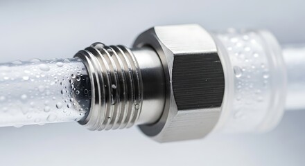 Close-up of Water Pipe Fitting with Droplets in Metallic Finish for Plumbing and Maintenance