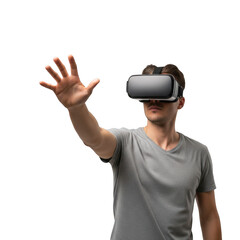 Man interacting with virtual reality technology reaching out his hand in futuristic entertainment transparent background