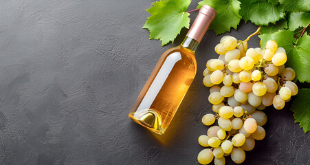 Elegant white wine bottle with fresh grapes and leaves