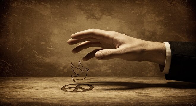 Symbolic hand releasing a dove above a peace sign, representing hope, freedom, and a new beginning for a better future in a world seeking harmony. - Powered by Adobe