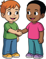 Friendly handshake between diverse children, cartoon illustration, multicultural kids smiling, friendship concept, teamwork, unity, cooperation, 