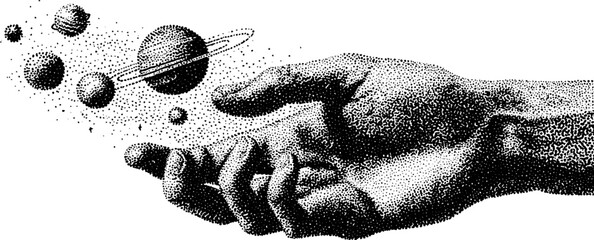 Cosmic exploration: intricate dotwork design of a hand holding planets