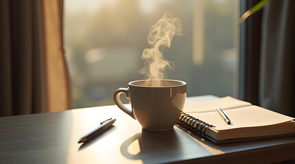 A steaming cup of coffee sits on a wooden table beside an open notebook and pen, illuminated by warm morning light from a window, evoking a calm and productive atmosphere