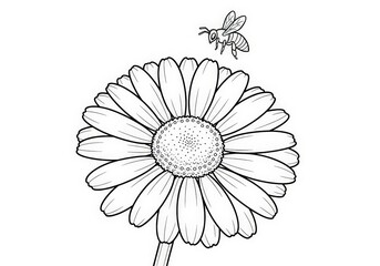 Fototapeta premium Detailed Black and White Illustration of Flower with Bee for Relaxing Coloring Activities