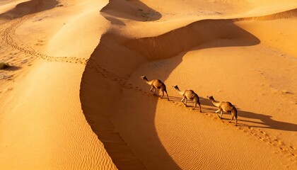 Obraz premium Aerial view of camels walking in a line across golden sand dunes in a desert at sunset