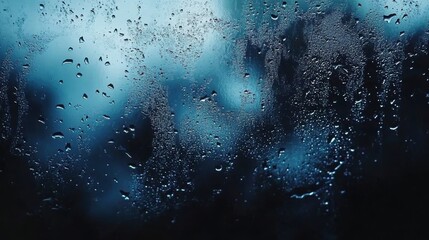 Dark- atmospheric view of raindrops on a window with stormy blue clouds outside- capturing the essence of a rainy day.