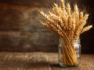 A glass jar and vase with autumn yellow wheat spikelet sit on a wooden table. Rustic minimalist composition.