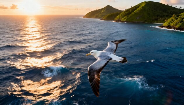 A seagull soars over the ocean at sunset with islands in the background