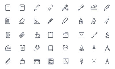 Stationery icon set, editable stroke vector illustration featuring pen, notebook, school supplies, workspace essentials, office tools, drawing and writing equipment, creative art materials