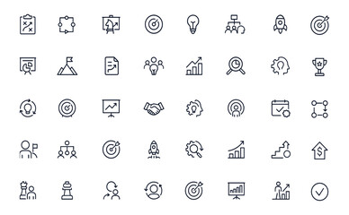 Business strategy icons, project management and marketing vector illustration, editable stroke, teamwork, workflow planning, analytics, innovation, growth, development, organization, leadership