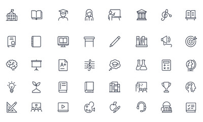 Education icon set, editable stroke vector illustration with school, student, teacher, study, university, classroom, book, diploma, notebook, science, learning, lecture, library, creative academic