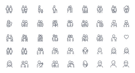 Family icons vector illustration featuring parents, children, pregnant women, elderly people, and love symbols, editable stroke outline style, relationship, bonding, support, care, lifestyle