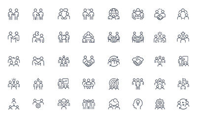 Collaboration and teamwork icon, editable stroke for partnership, communication, business support, cooperation, networking, connection, management, group work, synergy, unity, success, leadership