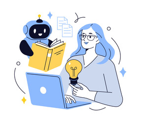 Fototapeta na wymiar Ai robot assistant holding book and learning from data. Large language model training, neural network, algorithm optimization concept. Vector illustration.