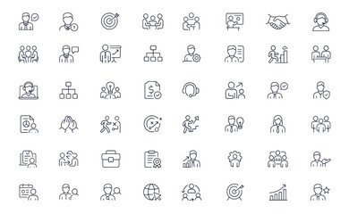 Business consulting icons set, editable vector illustration for corporate management, teamwork, client communication, finance, partnership, leadership, training, online support, career growth