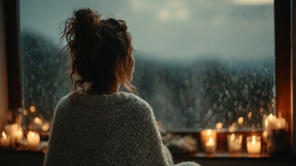 A peaceful moment: watching winter's first snowfall from a cozy spot. News style. Observing gentle snow flakes fall from a cream sweater clad windowsill spot. Real vibe. Real life.