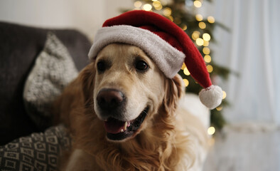 Cute Golden Retriever Dog In Santa Hat