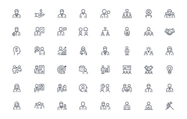 Business icons of people in leadership, management, and finance roles, showing teamwork, meeting, and corporate collaboration concepts, vector illustration with editable stroke, office, success
