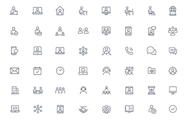 Remote work and telecommuting icon set for business, freelance, office teamwork, employee communication, online meeting, digital workspace, schedule, chat, and corporate productivity