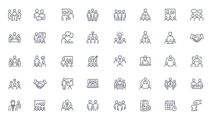 Meeting icons set, editable stroke vector illustration for business teamwork, communication, collaboration, office management, project discussion, organization, planning, leadership, brainstorming