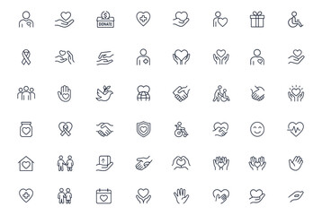Volunteer and charity donation icon set, editable vector of caring hands, love, support, aid, heart, humanity, teamwork, kindness, friendship, peace, hope, welfare, medical help, wheelchair