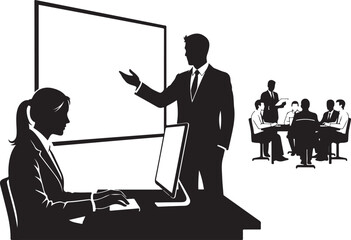 Business meeting. Black silhouettes of business people on white background.