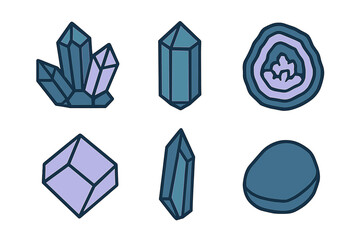 Set of six stylized mineral stones and geometric crystal shapes including quartz, geode, and rough stone