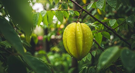 Vibrant starfruit ripened on a lush green tree branch, glistening with fresh raindrops after a tropical shower, evoking natural freshness and exotic flavors