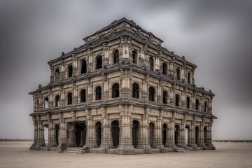 Obraz premium Crumbling multi-level stone structure in an open desolate landscape