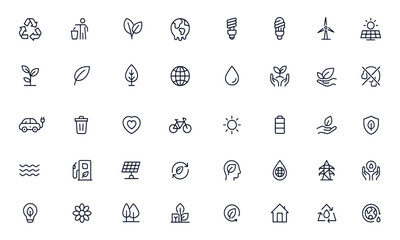 Ecology and eco icons set for environmental conservation, global warming, recycling, renewable energy, solar panel, wind power, forest, sustainability, green nature, earth care, clean air