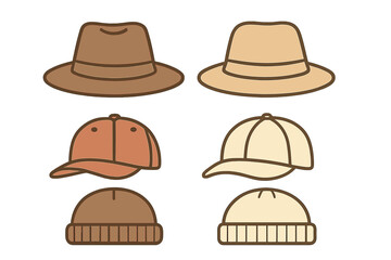 Six headwear icons set including fedora hats, baseball caps, and knit beanies in earthy tones