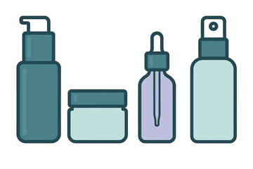 Assortment of skincare product containers including serum dropper, cream jar, and pump bottle