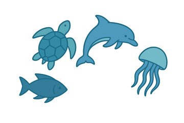 Stylized marine life set featuring a dolphin, sea turtle, jellyfish, and tropical fish