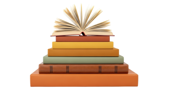 Isolated stack of colorful books with open textbook on top arranged in a pyramid shape