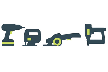 Essential power tools set featuring cordless drill, jigsaw, orbital sander, and staple gun silhouettes