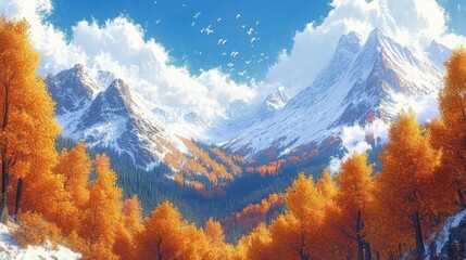 Scenic autumn forest with fiery foliage- contrasted by snow-capped mountains under a bright blue sky- celebrating seasonal beauty.