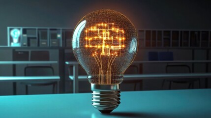 A futuristic glowing light bulb with intricate digital circuitry design- symbolizing innovation and modern technology in a virtual classroom setting.