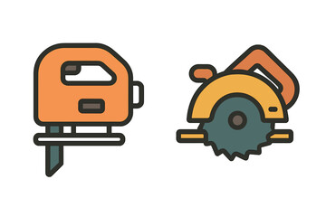Set of icons showing jigsaw and circular saw power tools for construction and repair
