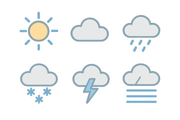 Simple outline icons collection for weather forecast showing sun, clouds, rain, and snow