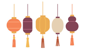 Assortment of five hanging paper lanterns in different shapes and warm colors