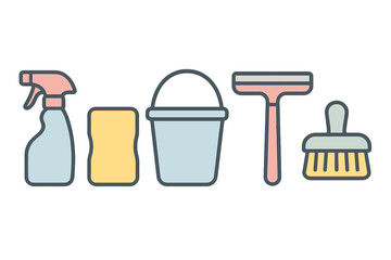 Essential household cleaning tools set: spray bottle, sponge, bucket, squeegee, brush