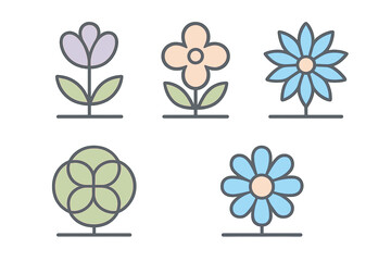 Five colorful stylized floral icons representing spring and nature elements in a simple outline design
