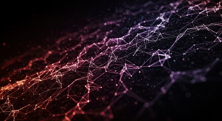Vibrant digital network pulsing with glowing connections and shimmering particles, representing abstract data flow and futuristic technology in a dark, dynamic expanse.
